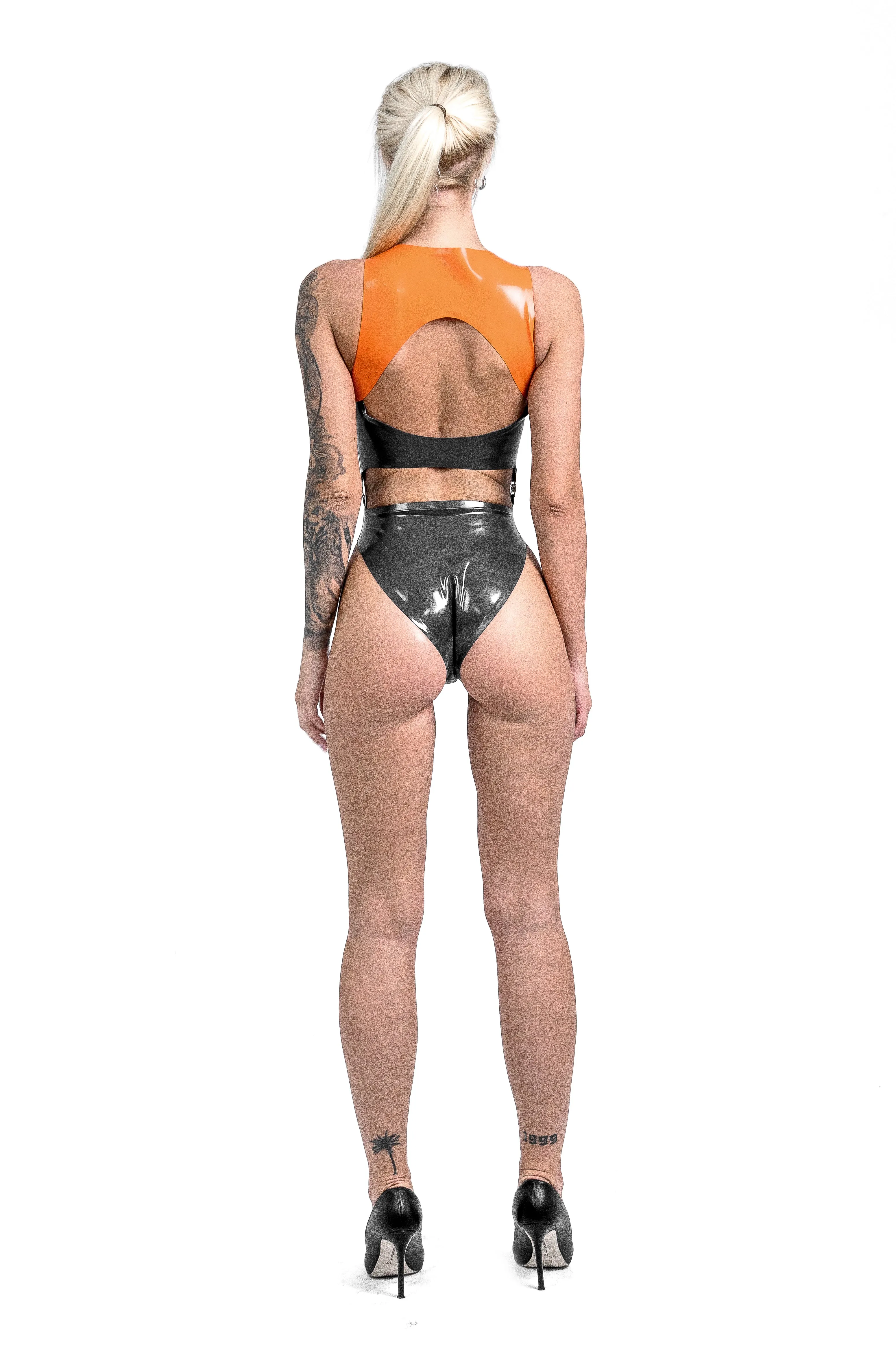 2-pieces Latex Bodysuit. Apricot & Metallic Navy Blue