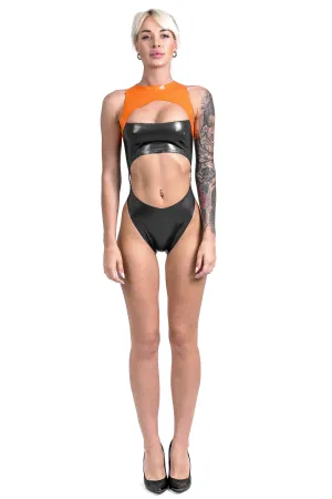 2-pieces Latex Bodysuit. Apricot & Metallic Navy Blue