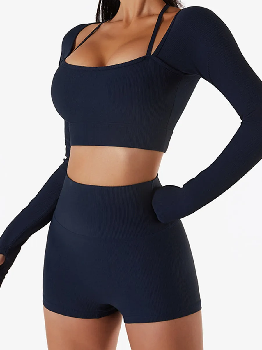 2pcs Fitness Yoga Suit Gym Outfits Set Plain Top with Chest Pads and Sports Shorts