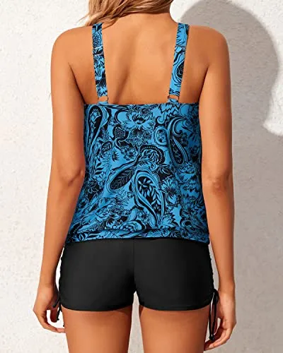 Adjustable Side Ties Swimsuits For Women Tops Boyshorts-Black And Tribal Blue