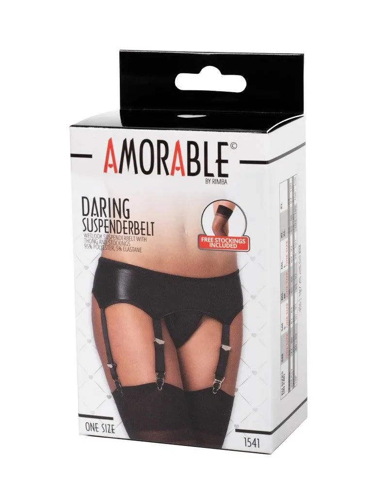 Amorable - Wetlook Jarretelgordel Met Slip En Kousen - Zwart - One Size