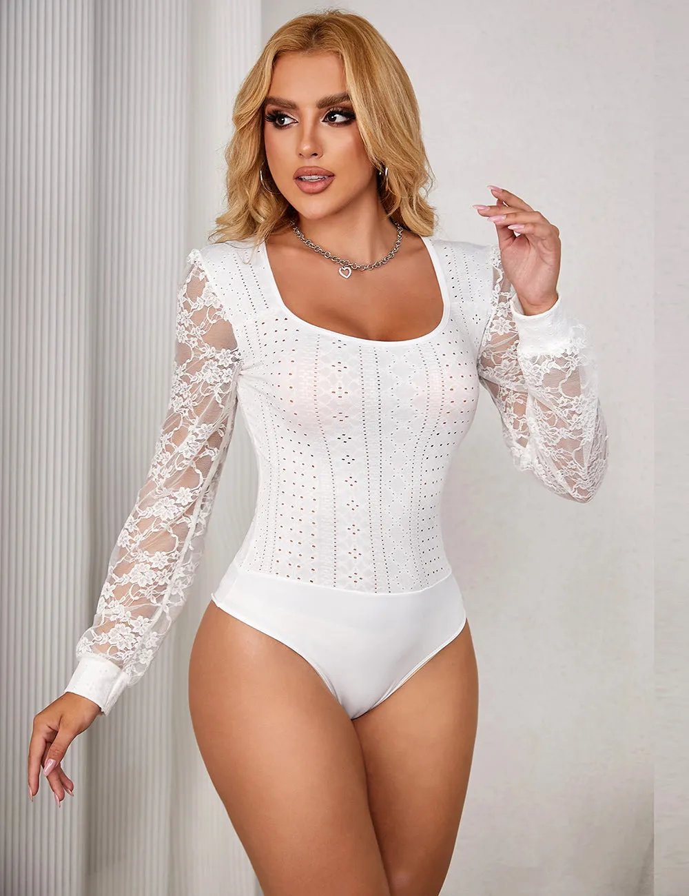 Black & White Long Sleeve Openable Crotch Mesh Bodysuit Egypt