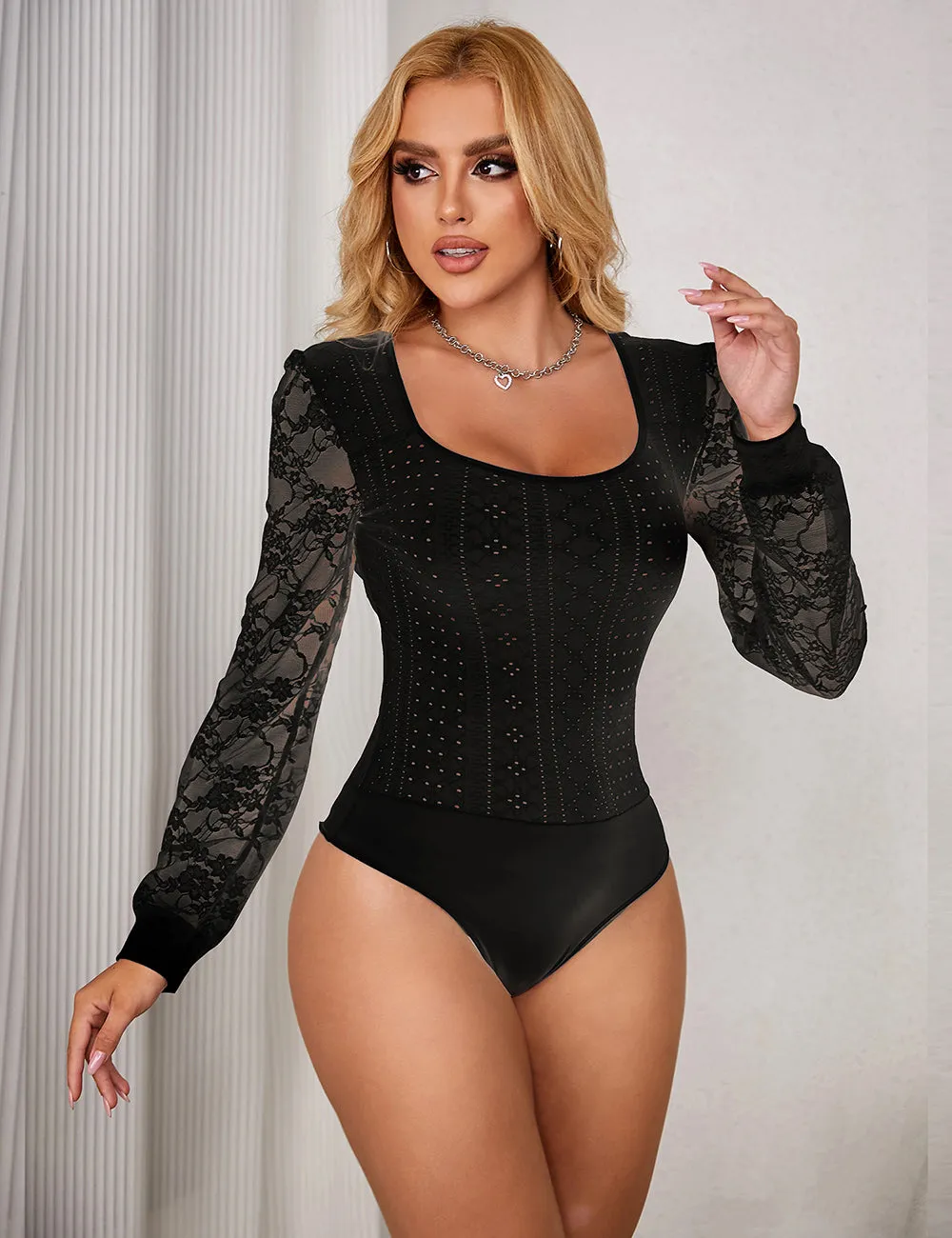 Black & White Long Sleeve Openable Crotch Mesh Bodysuit Egypt