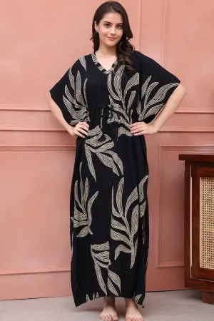Black Color Floral Printed Viscose Rayon Kaftan
