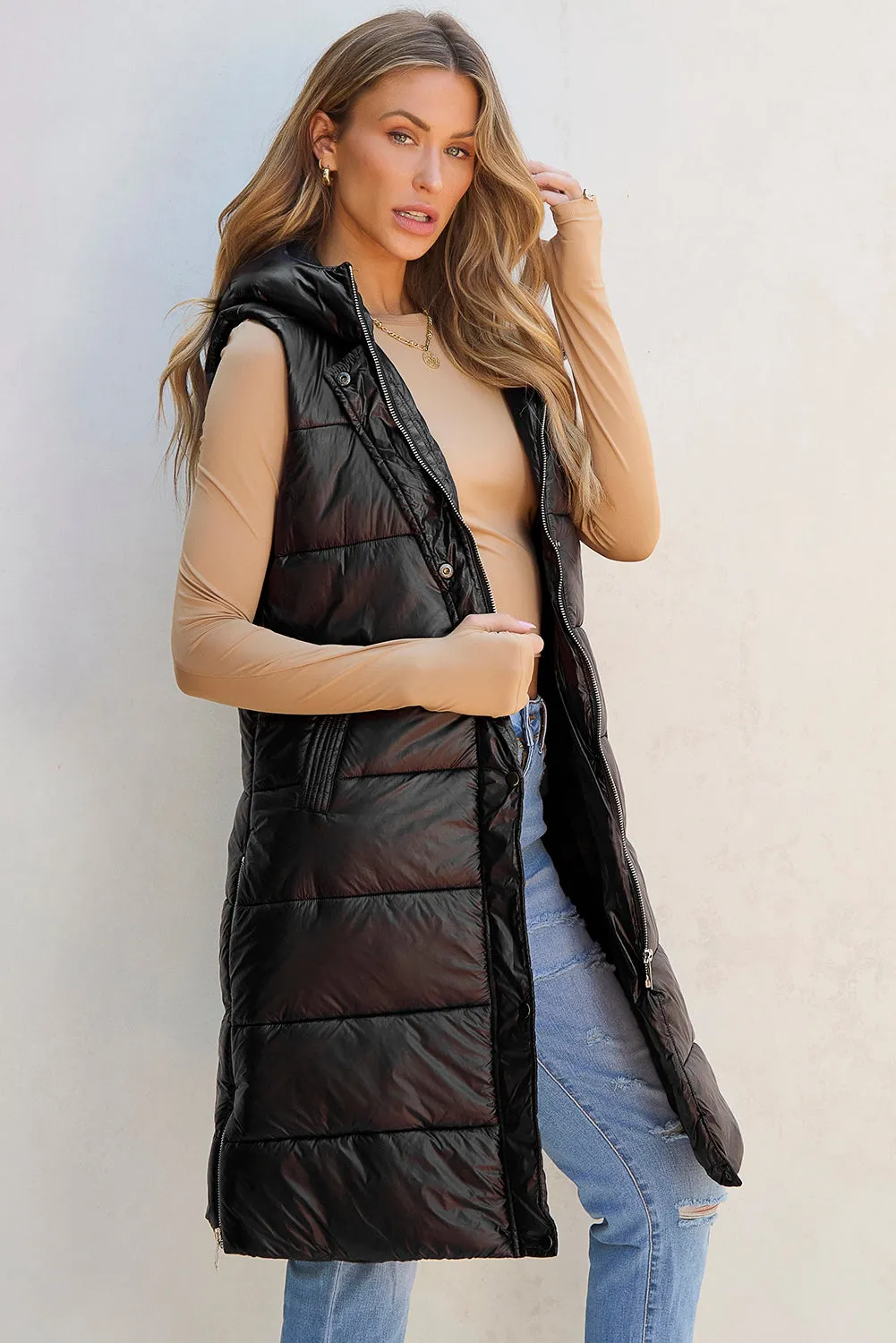 Black Hooded Long Quilted Vest Coat From MsDressly