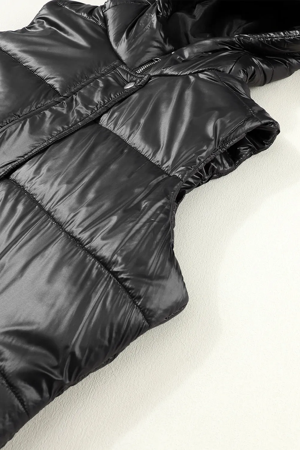 Black Hooded Long Quilted Vest Coat From MsDressly
