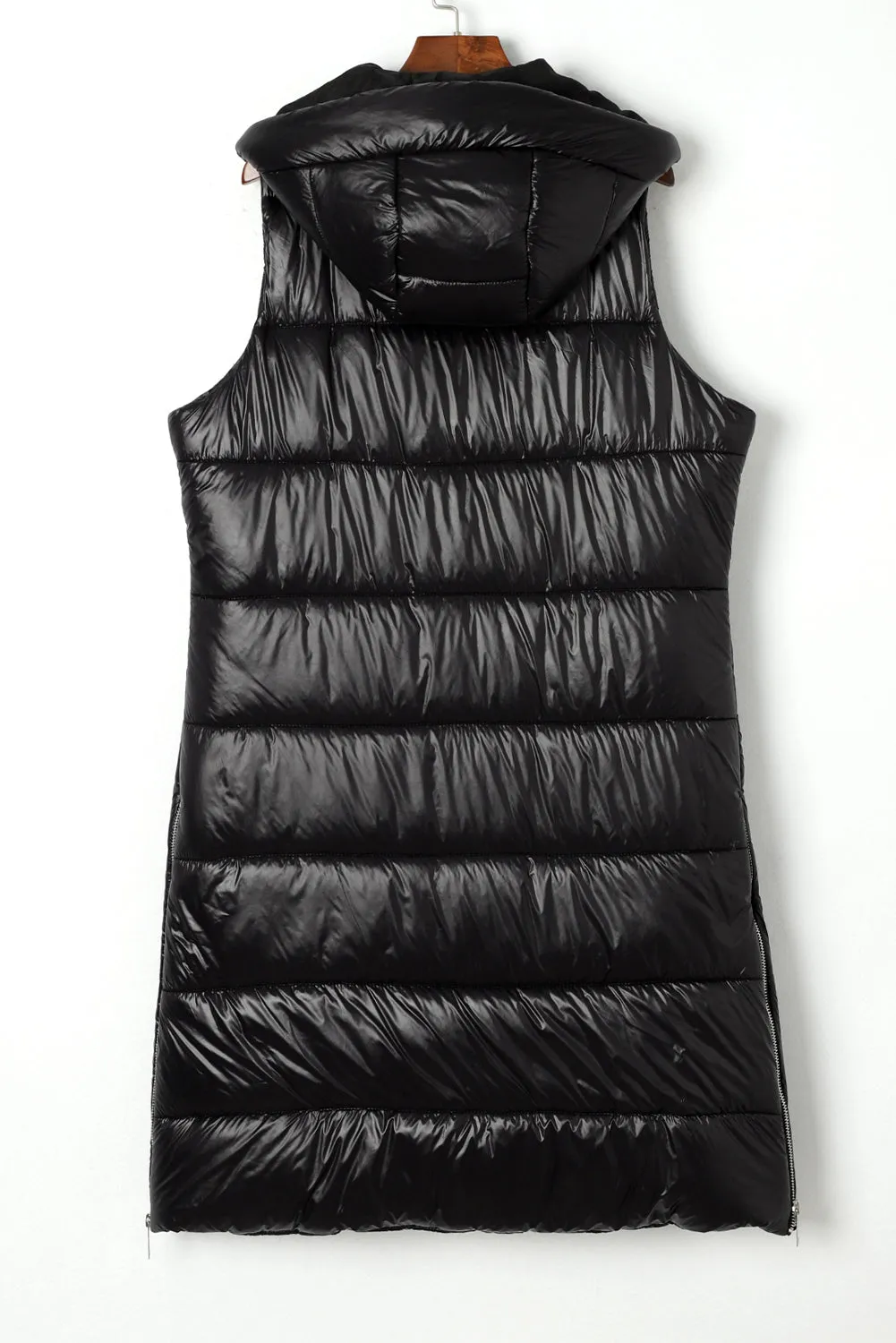 Black Hooded Long Quilted Vest Coat From MsDressly