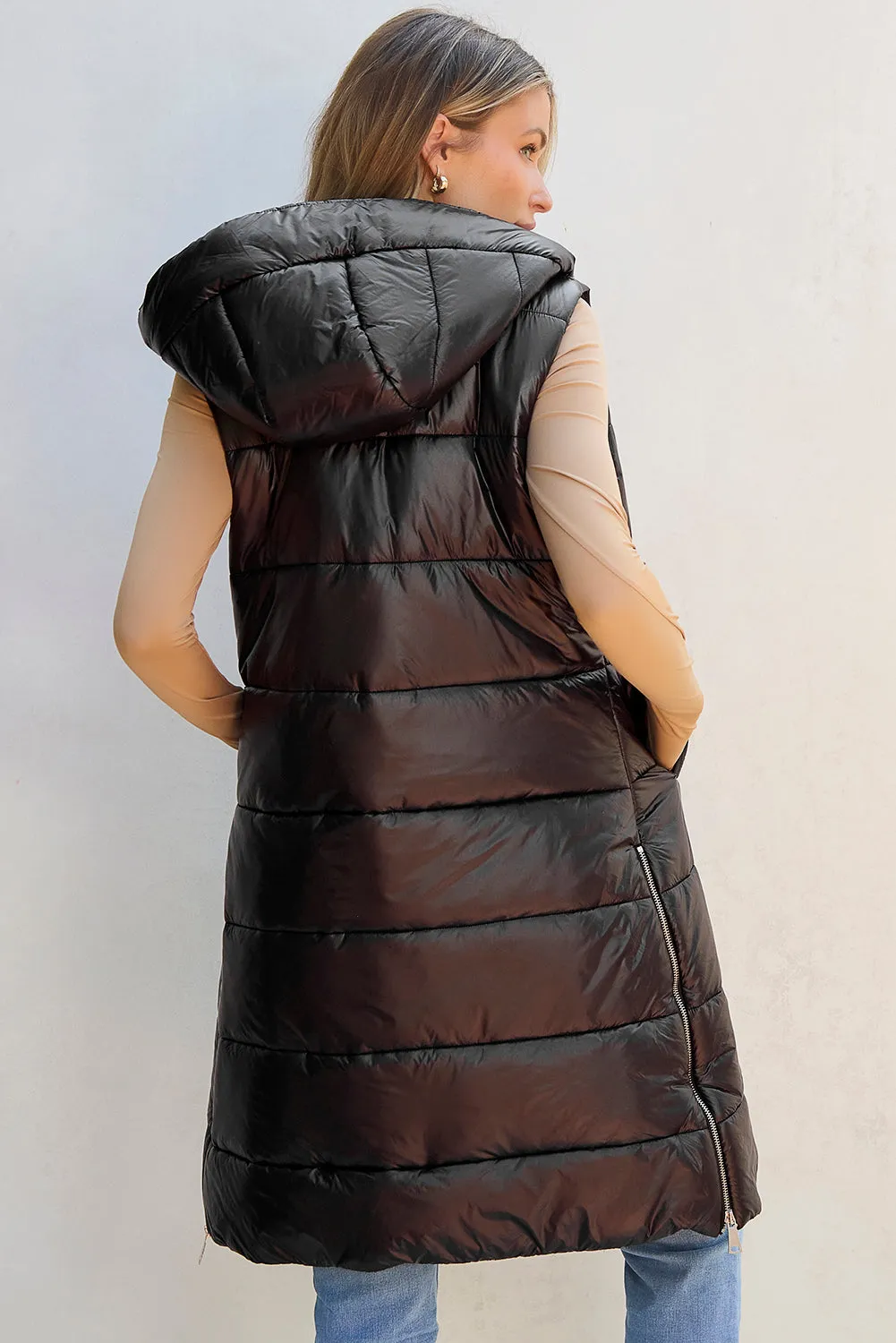 Black Hooded Long Quilted Vest Coat From MsDressly