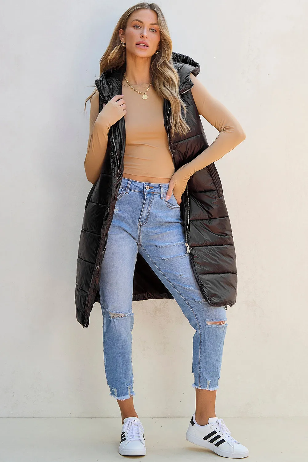 Black Hooded Long Quilted Vest Coat From MsDressly
