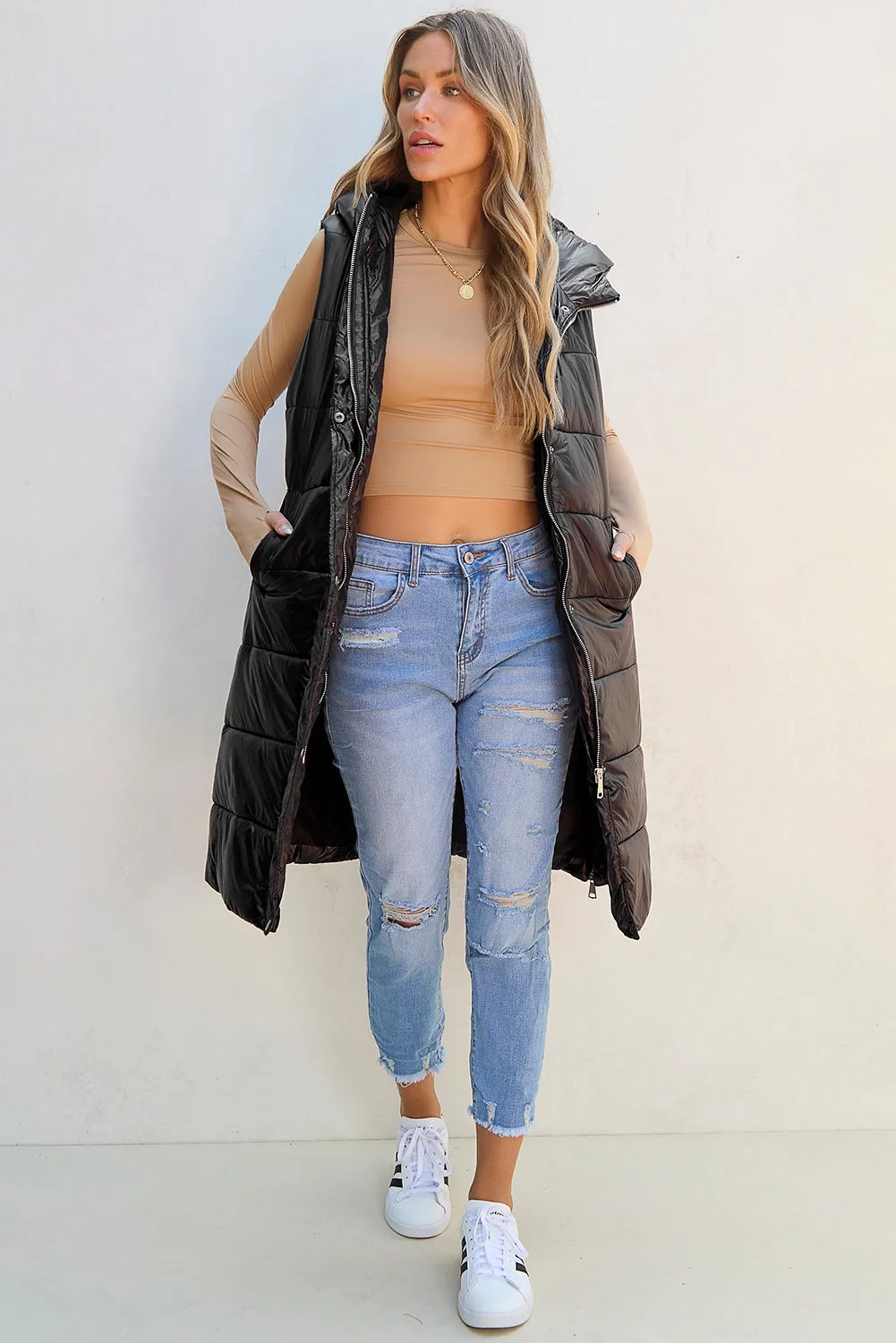 Black Hooded Long Quilted Vest Coat From MsDressly
