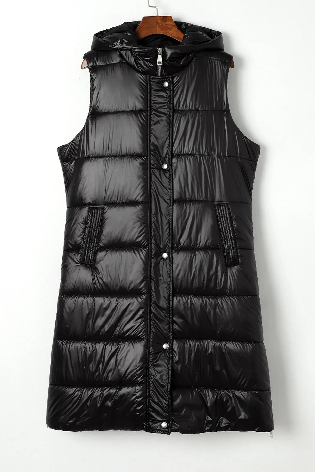 Black Hooded Long Quilted Vest Coat From MsDressly