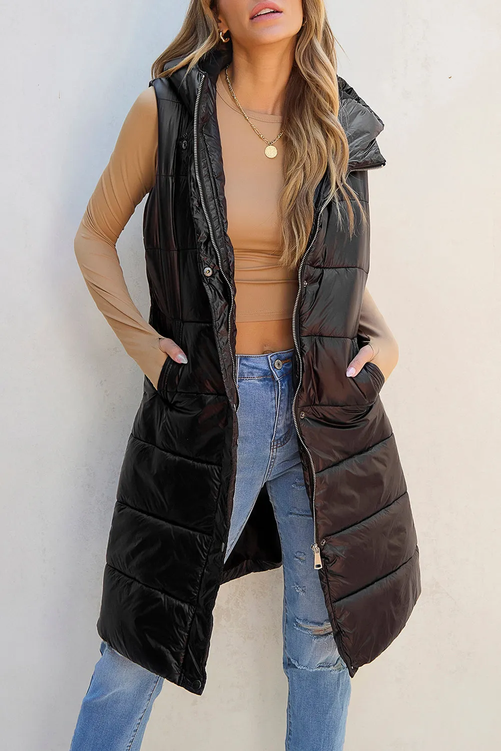 Black Hooded Long Quilted Vest Coat From MsDressly