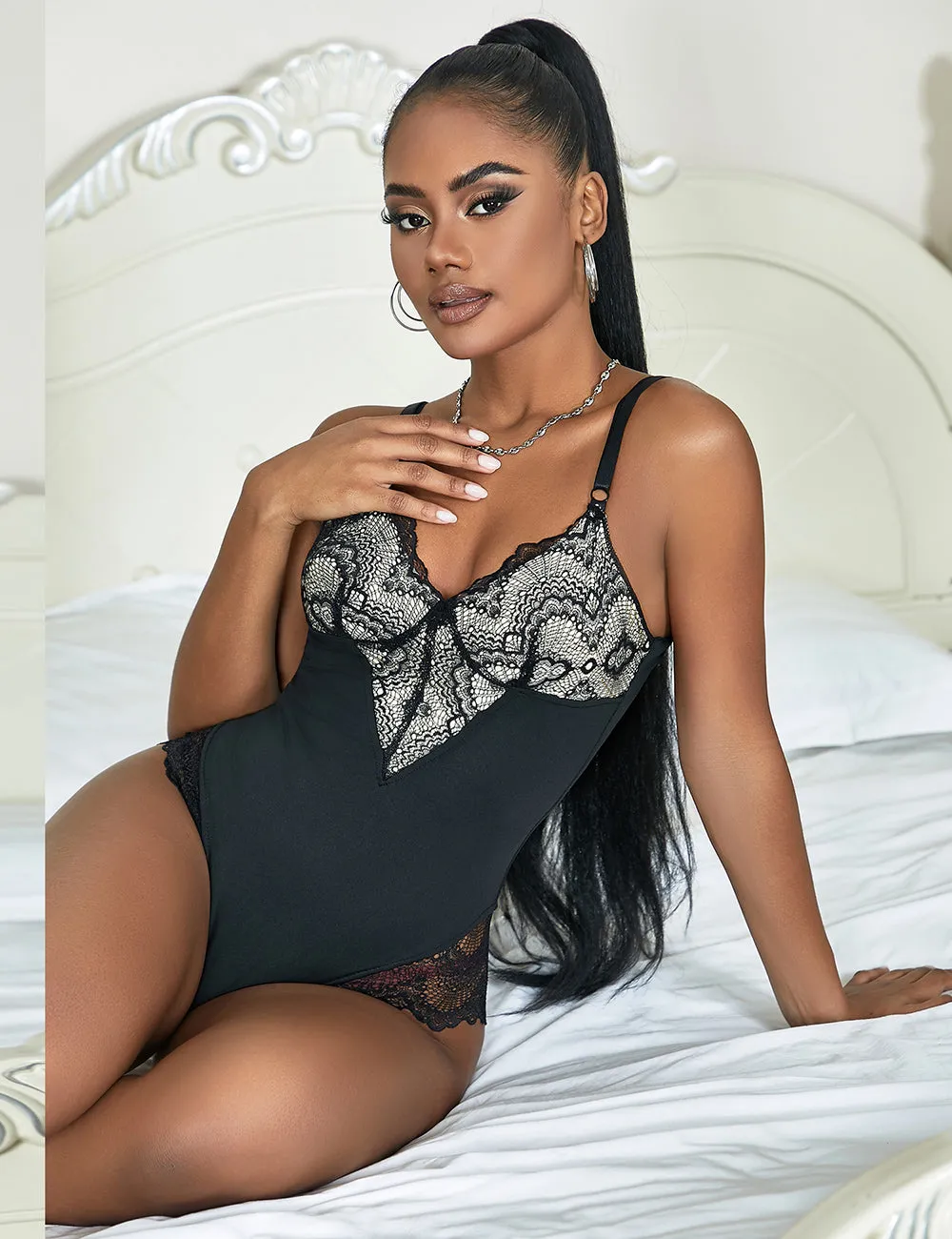Black Lace Patchwork Suspender Bodysuit