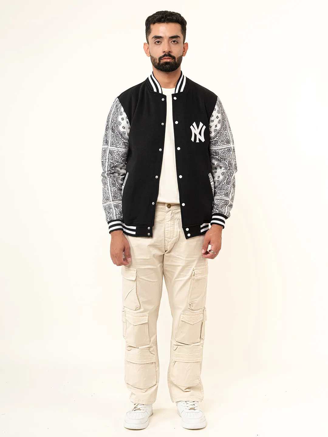 Black Paisley Bandana NY Printed Varsity Jacket
