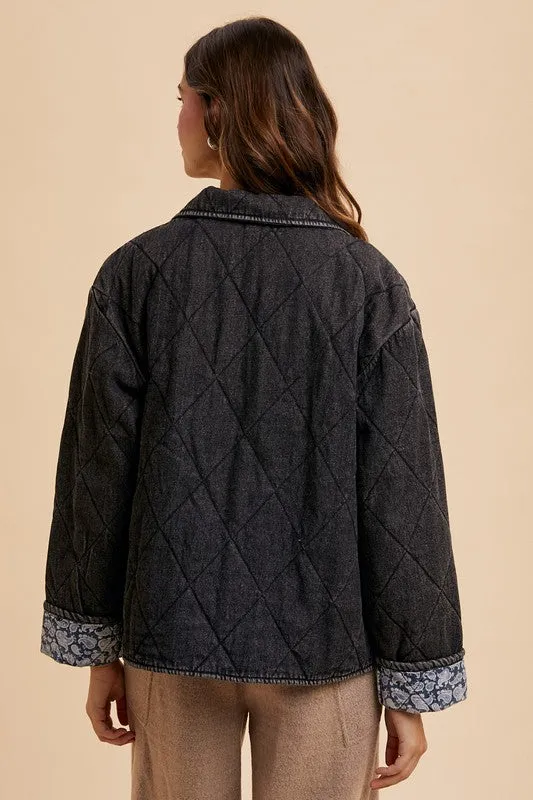 Black Quilted Printed Lining Snap Down Denim Jacket