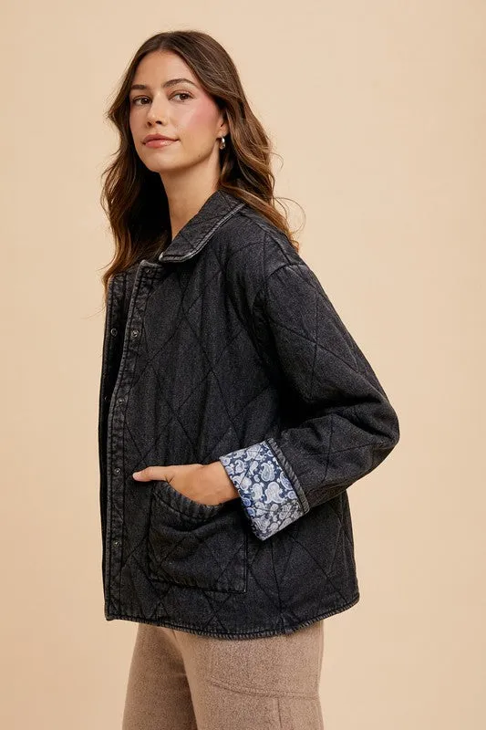 Black Quilted Printed Lining Snap Down Denim Jacket