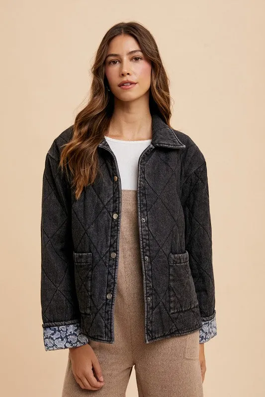 Black Quilted Printed Lining Snap Down Denim Jacket