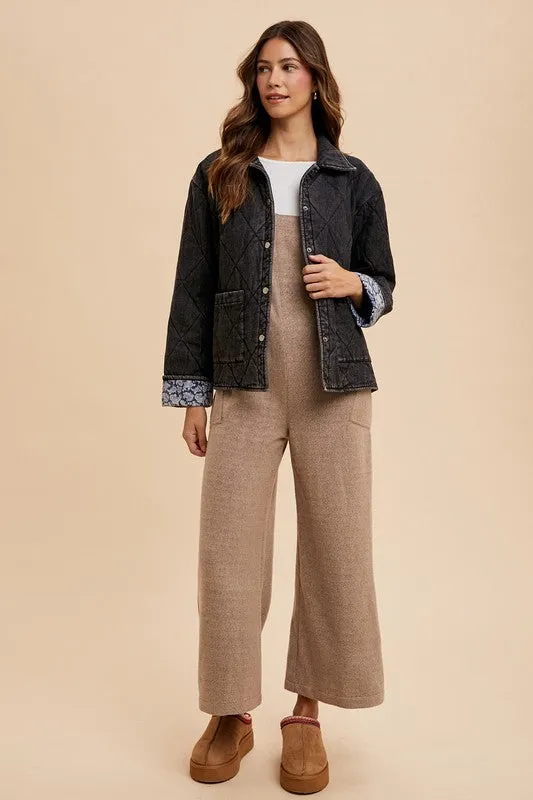 Black Quilted Printed Lining Snap Down Denim Jacket