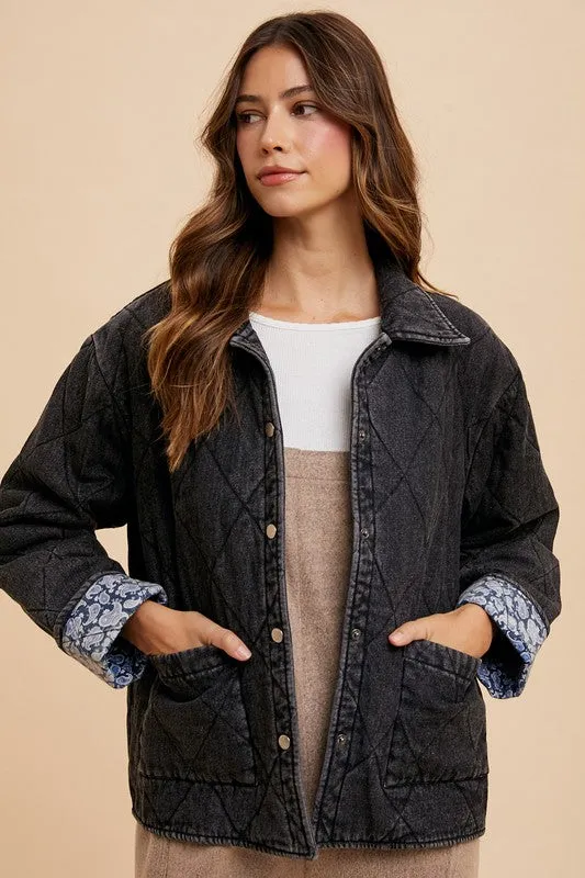 Black Quilted Printed Lining Snap Down Denim Jacket