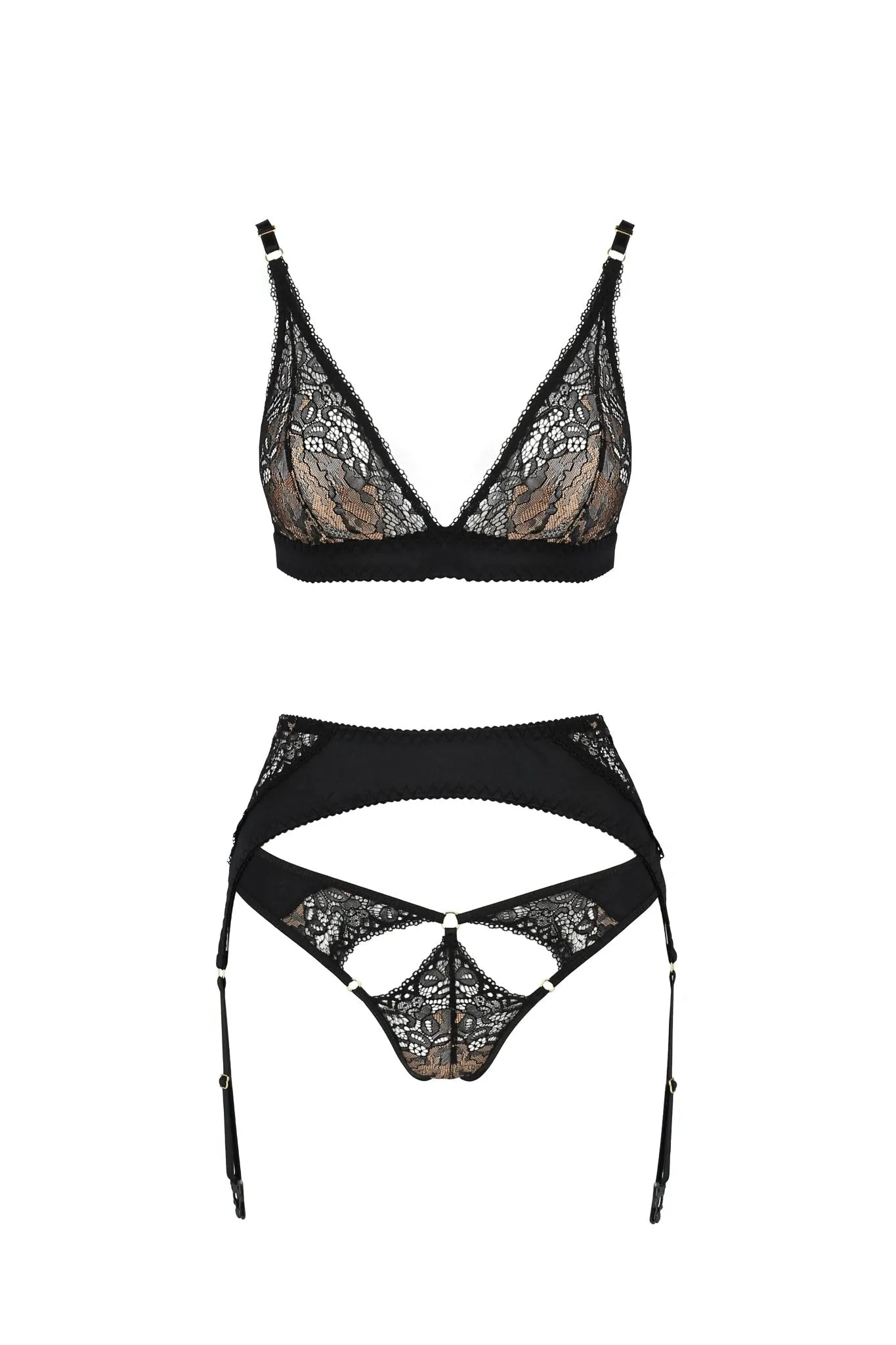 Black Satin & Gold Lace Bra, Suspender Belt Set