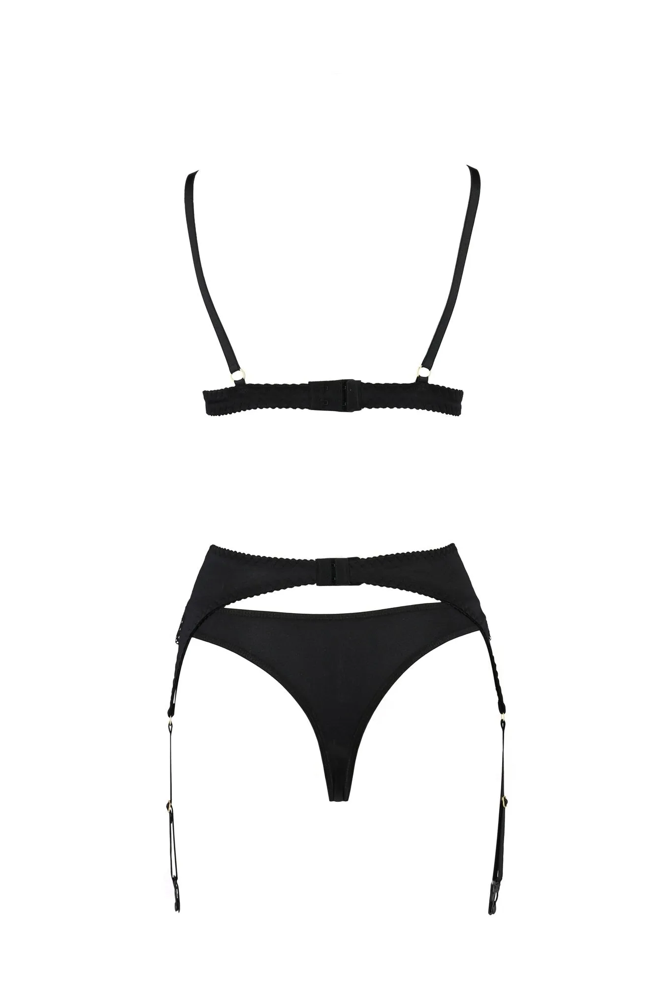 Black Satin & Gold Lace Bra, Suspender Belt Set