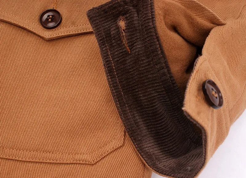 Bonsir Autumn Winter Retro Men's Fleece Thicken Jackets Multi-pocket Corduroy Patch Cargo Coat Stand-up Collar Military Jackets