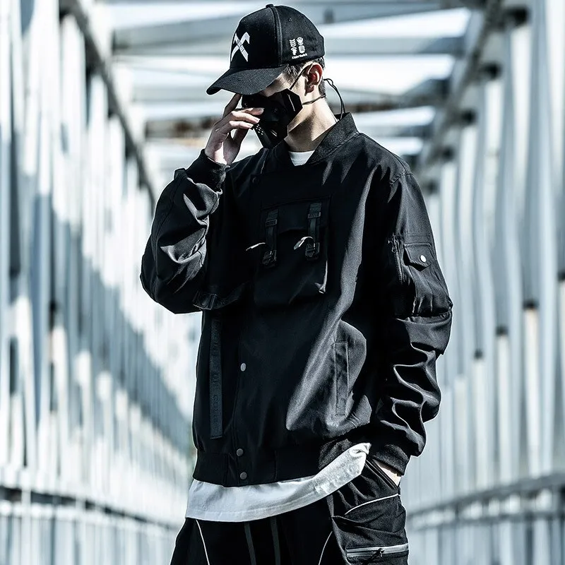 Bonsir Men's Pilot Baseball Jacket Techwear Multi Pocket Tactical Functional Windbreaker Jackets  Coat Men