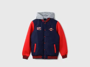 Boy's Regular Fit Varsity Jacket with Detachable Hood