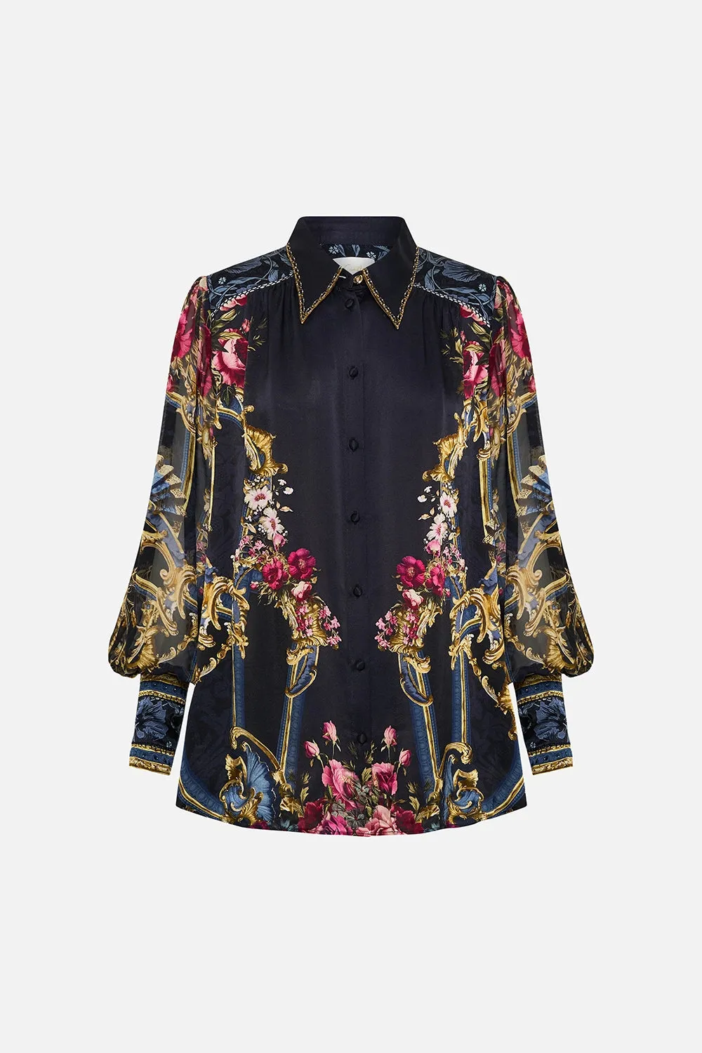 CAMILLA | ORNATE ON A PLATE BUTTON THROUGH BLOUSON SLEEVE BLOUSE