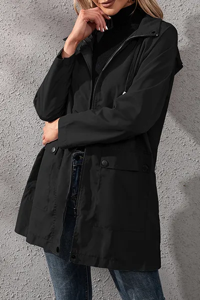 Casual Solid Pocket Buckle Zipper Hooded Collar Outerwear