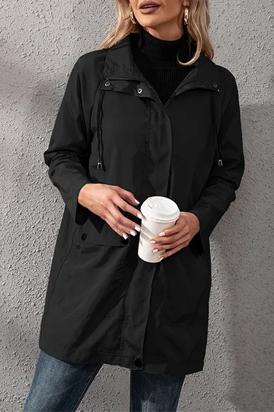 Casual Solid Pocket Buckle Zipper Hooded Collar Outerwear