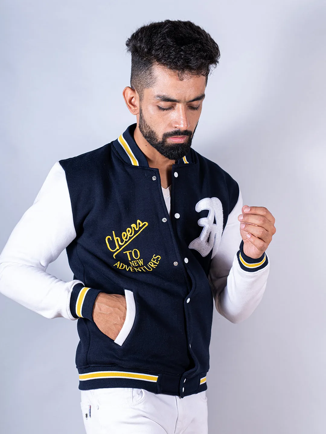 Cheers To New Adventures LA Navy Blue Varsity Jacket