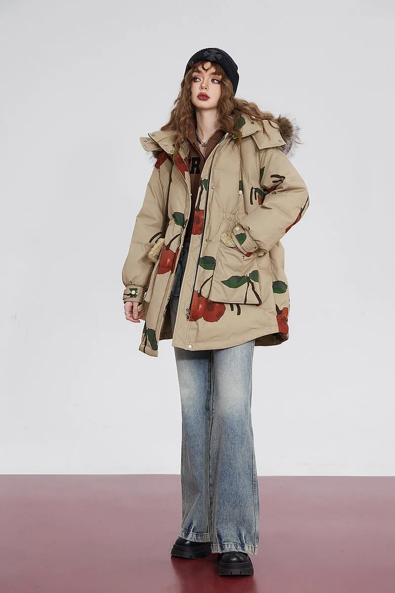 Cherry Print  Fur Hooded Down Jacket