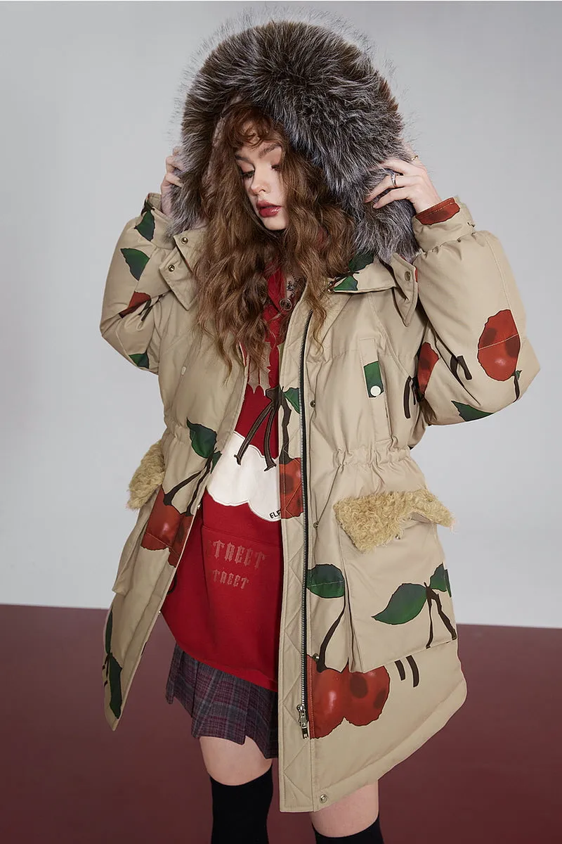 Cherry Print  Fur Hooded Down Jacket