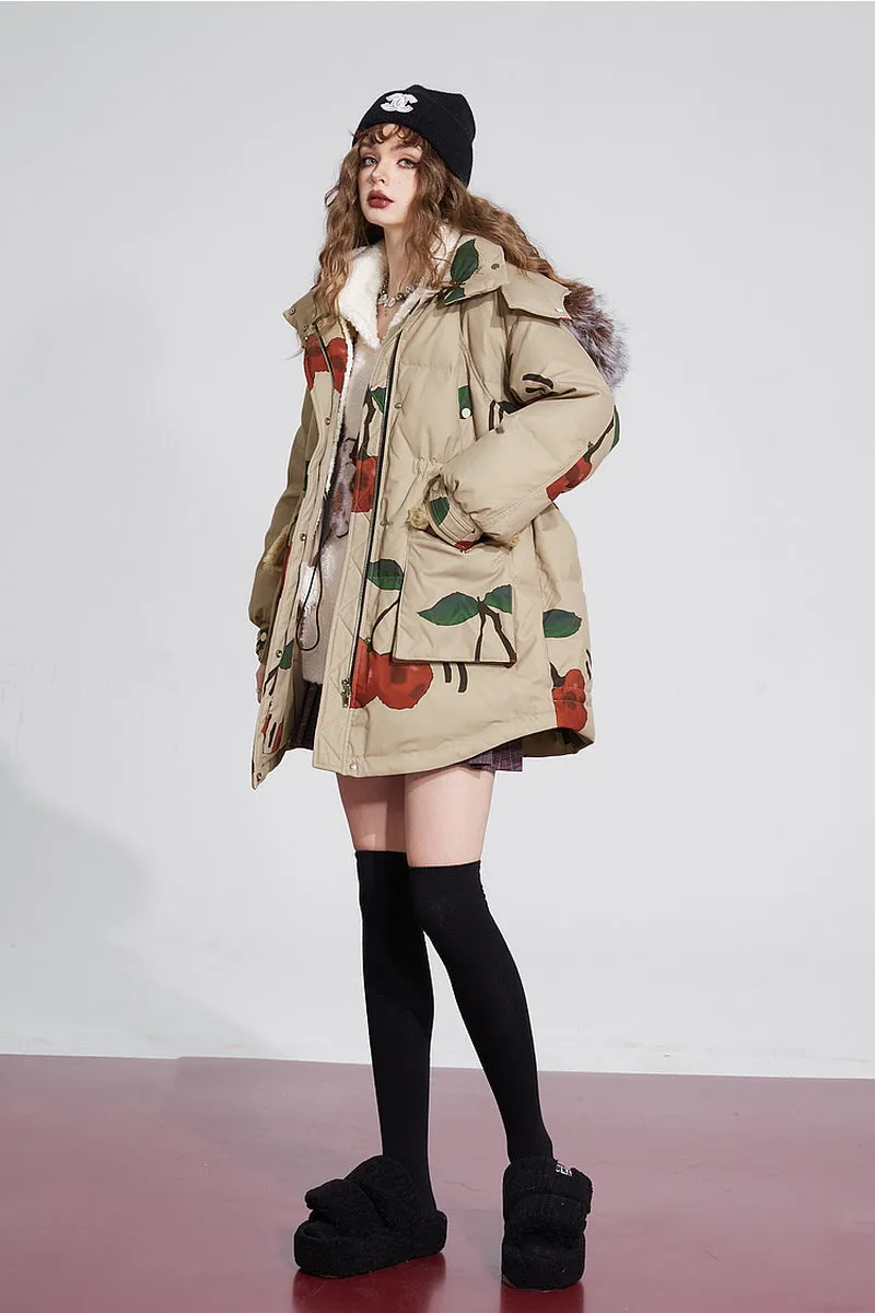Cherry Print  Fur Hooded Down Jacket