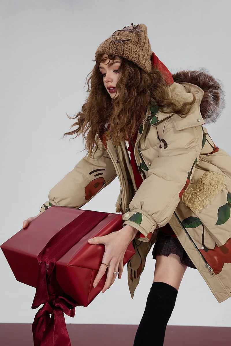 Cherry Print  Fur Hooded Down Jacket