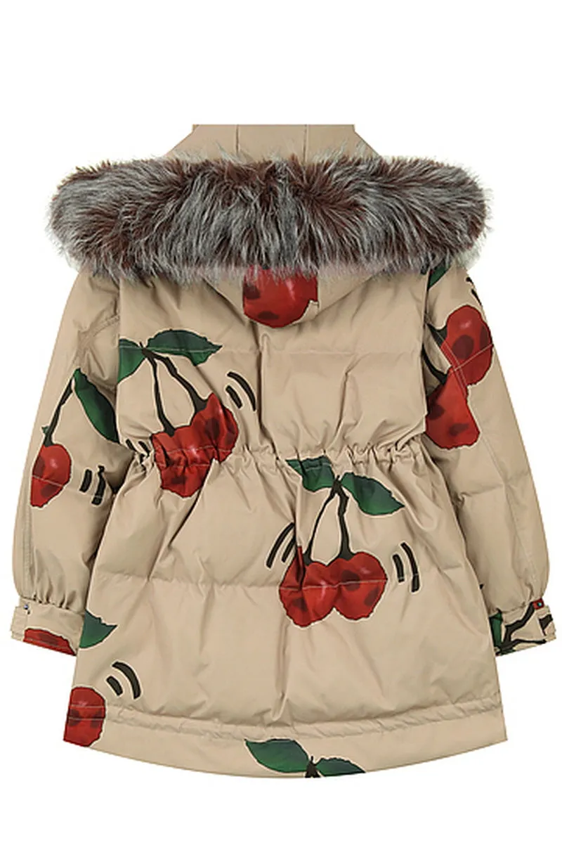 Cherry Print  Fur Hooded Down Jacket