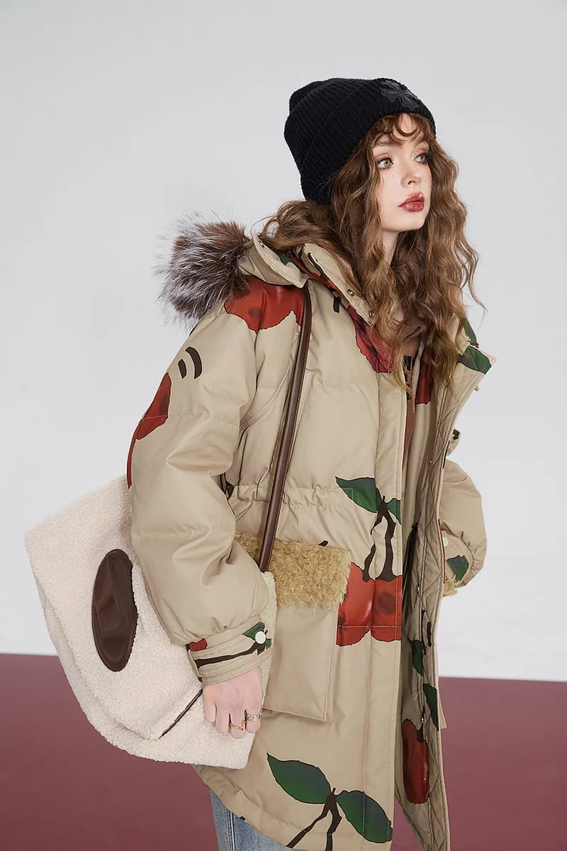 Cherry Print  Fur Hooded Down Jacket