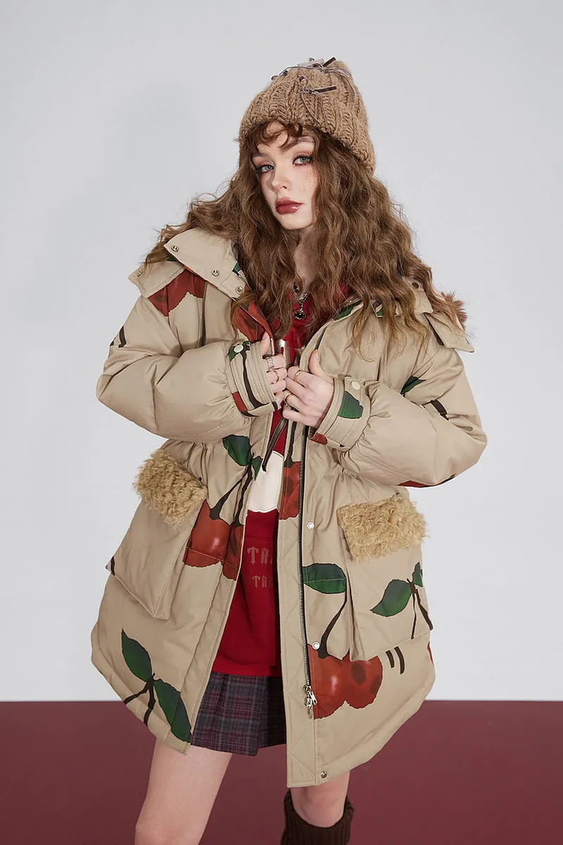 Cherry Print  Fur Hooded Down Jacket