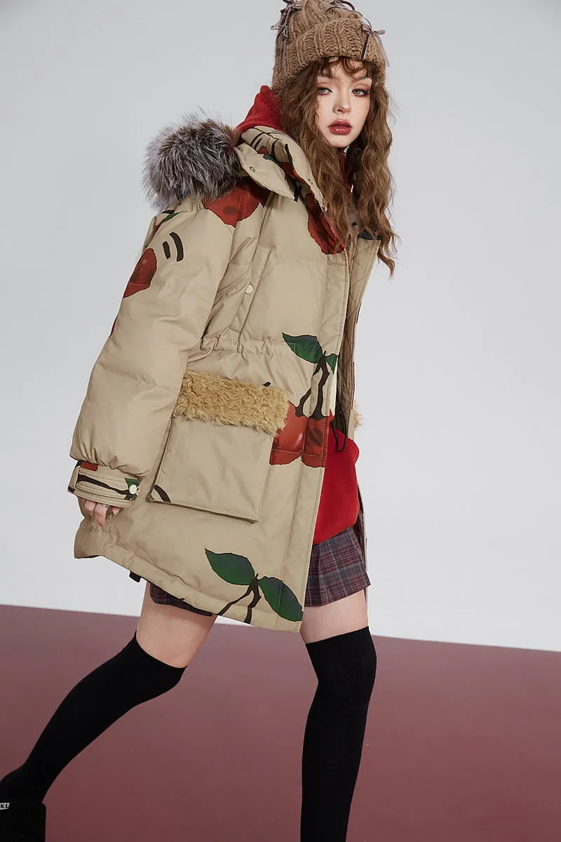 Cherry Print  Fur Hooded Down Jacket