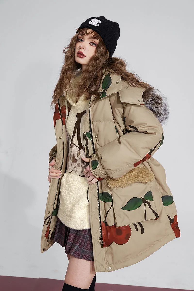 Cherry Print  Fur Hooded Down Jacket