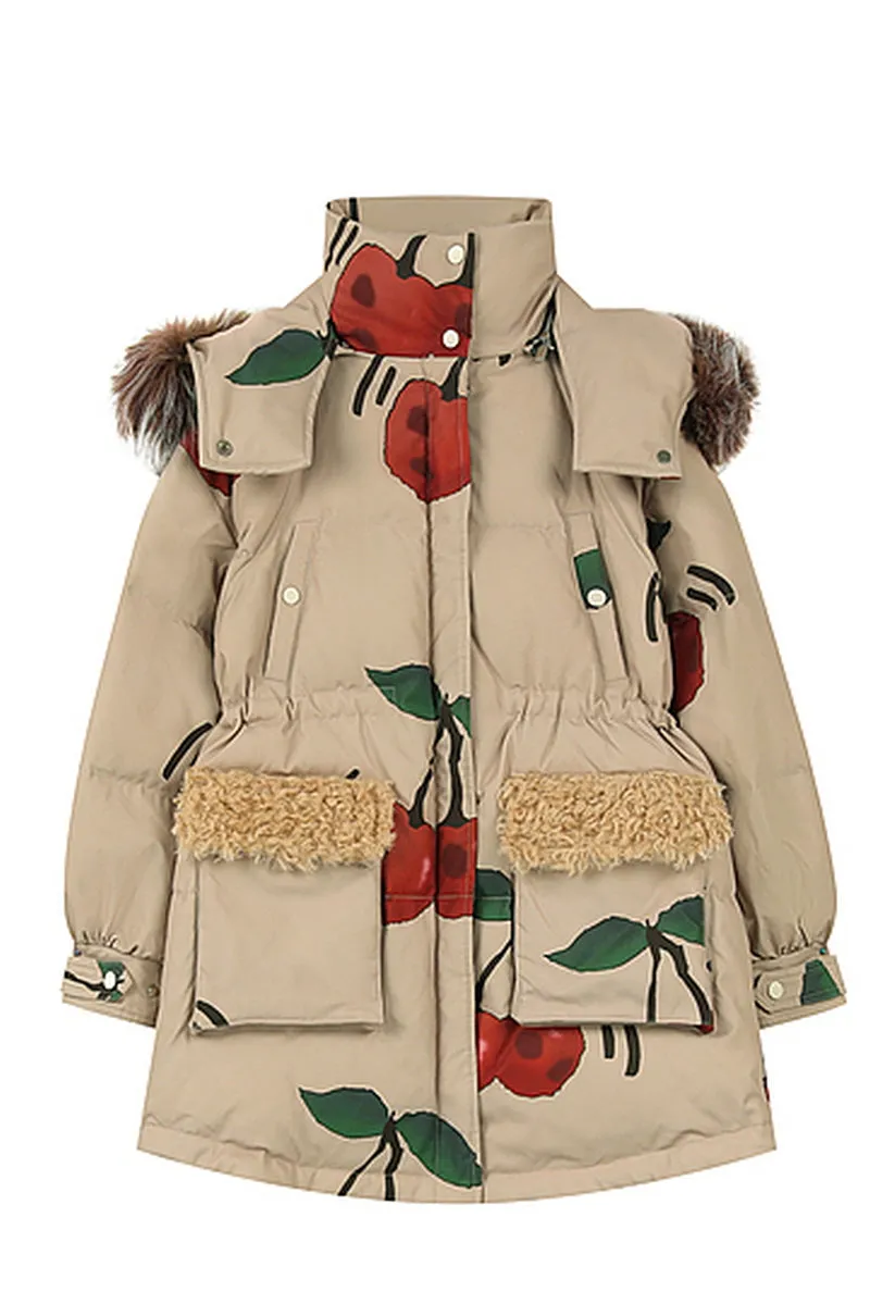 Cherry Print  Fur Hooded Down Jacket