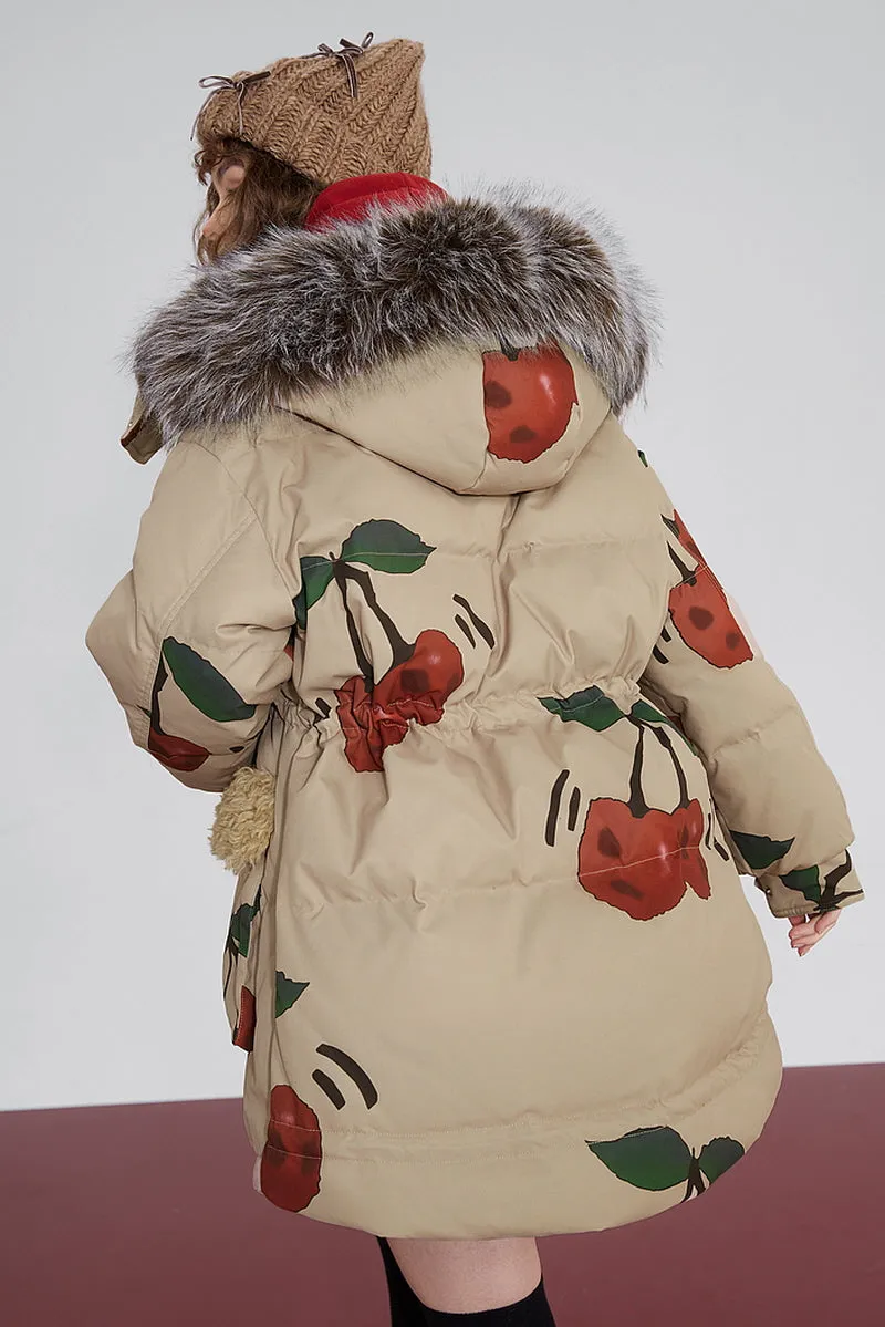 Cherry Print  Fur Hooded Down Jacket