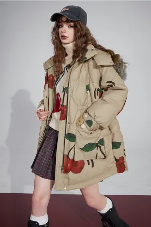 Cherry Print  Fur Hooded Down Jacket