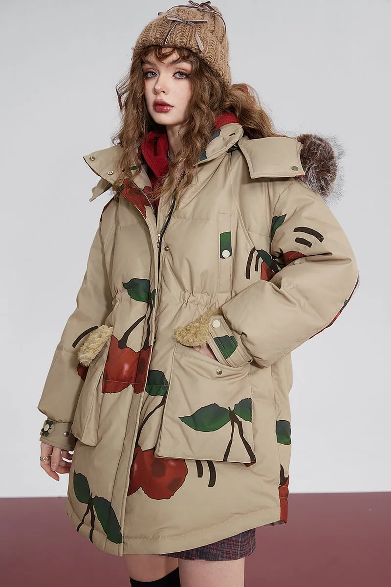 Cherry Print  Fur Hooded Down Jacket