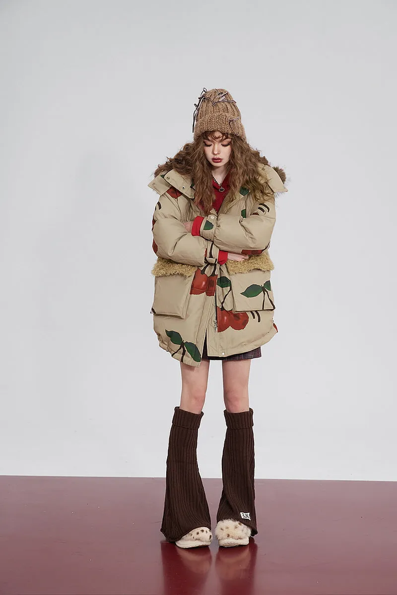Cherry Print  Fur Hooded Down Jacket