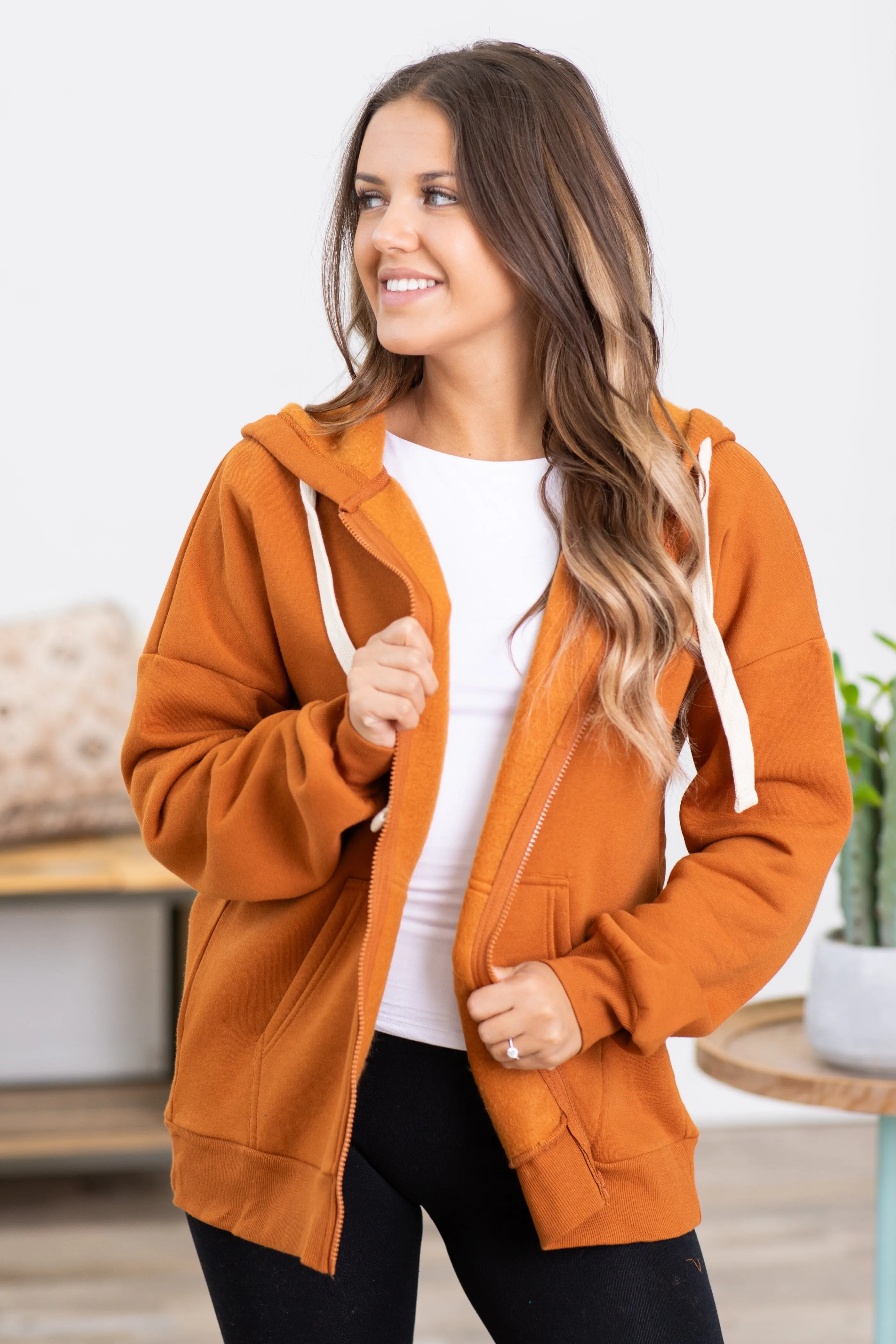 Cognac Contrast Drawstring Full Zip Hoodie