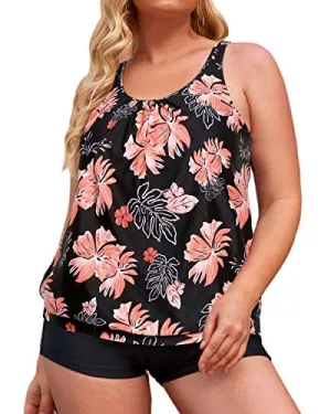 Comfortable Plus Size Two Piece Blouson Tankini Swimsuit Set For Women-Black Orange Floral