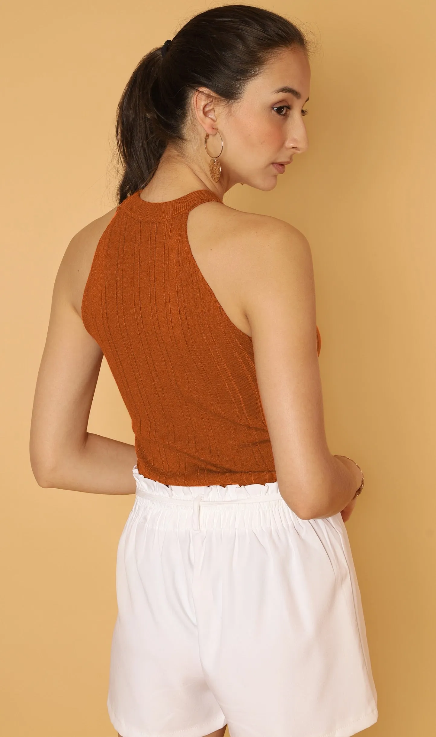 DESIREE Textured Halter-Neck Knit Top (Cinnamon)