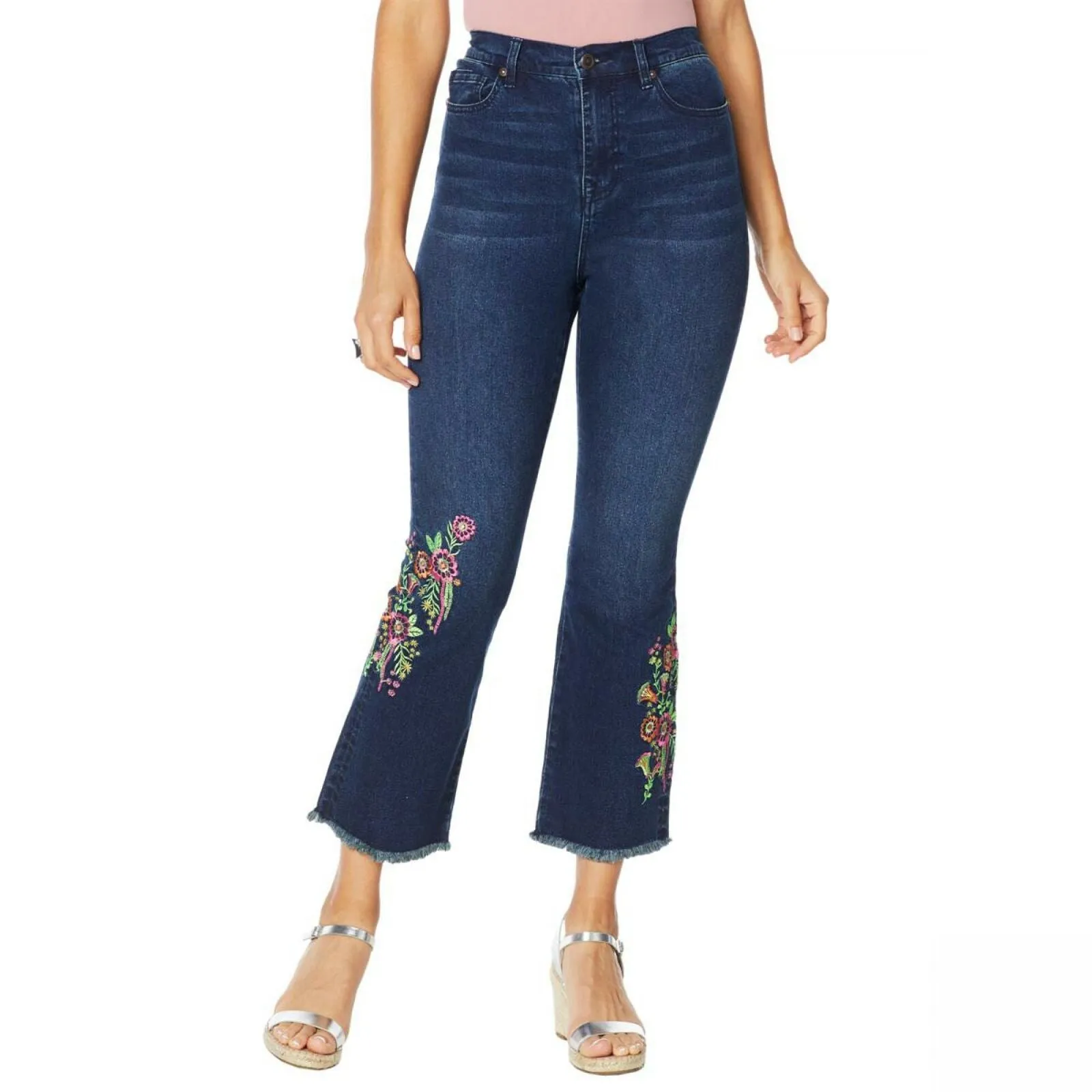 DG2 by Diane Gilman Women's Neon Embroidered Kick Flare Crop Jeans
